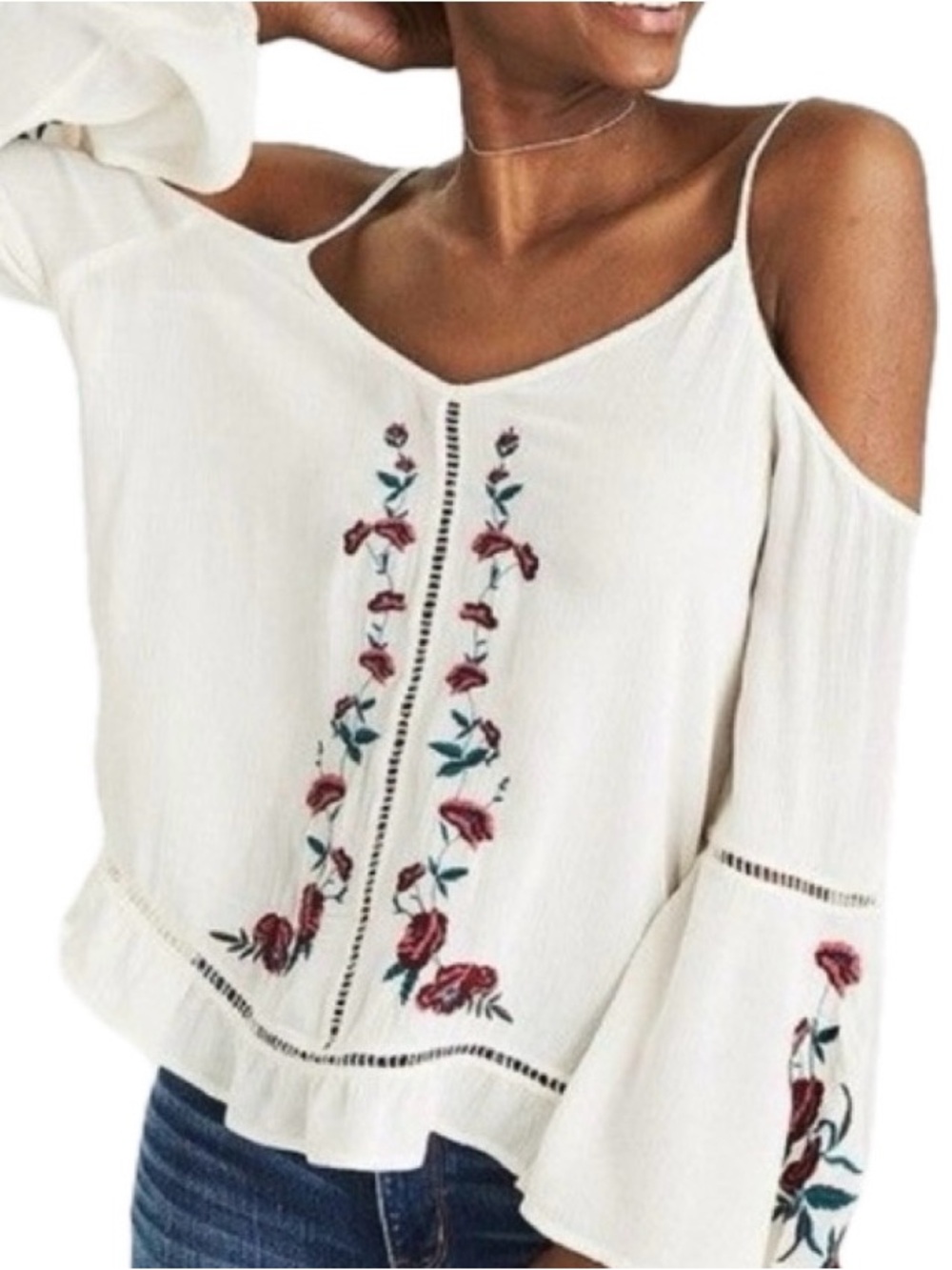 American Eagle Floral Embroidered Cold Shoulder Boho Top